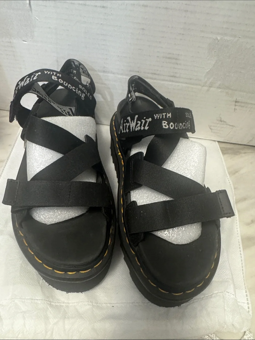 Dr. Martens Black Platform Espadrille Sandals with Yellow Stitching